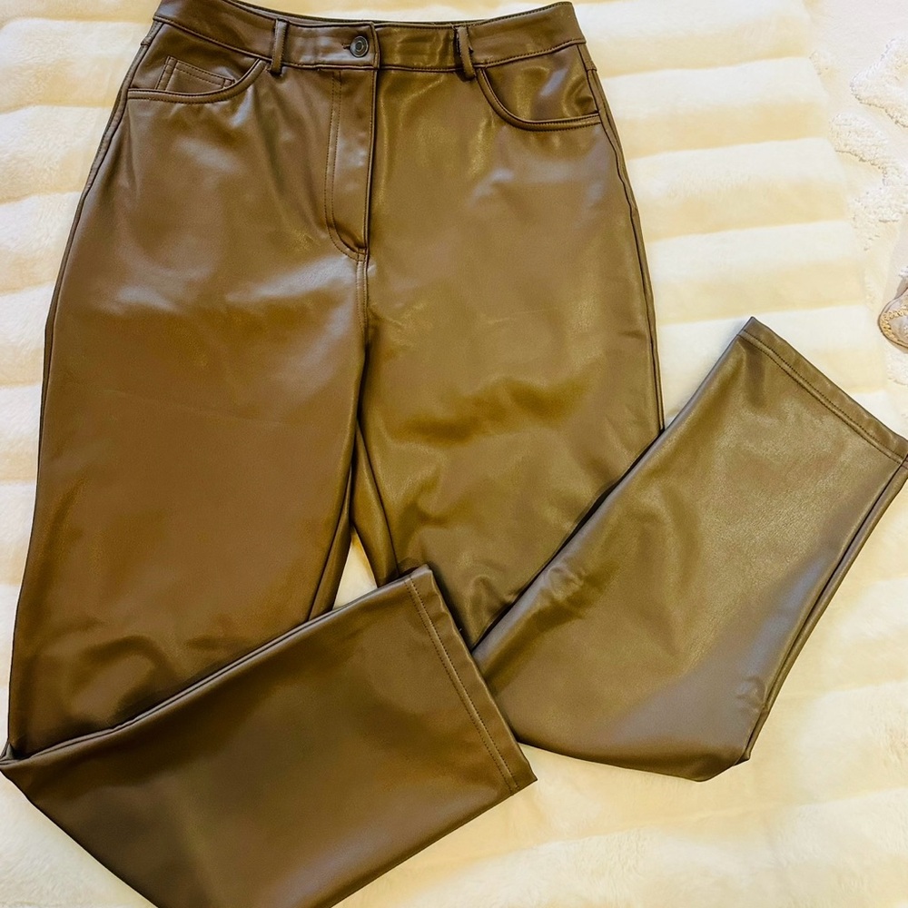 Chic brownish green  Faux Leather Pants